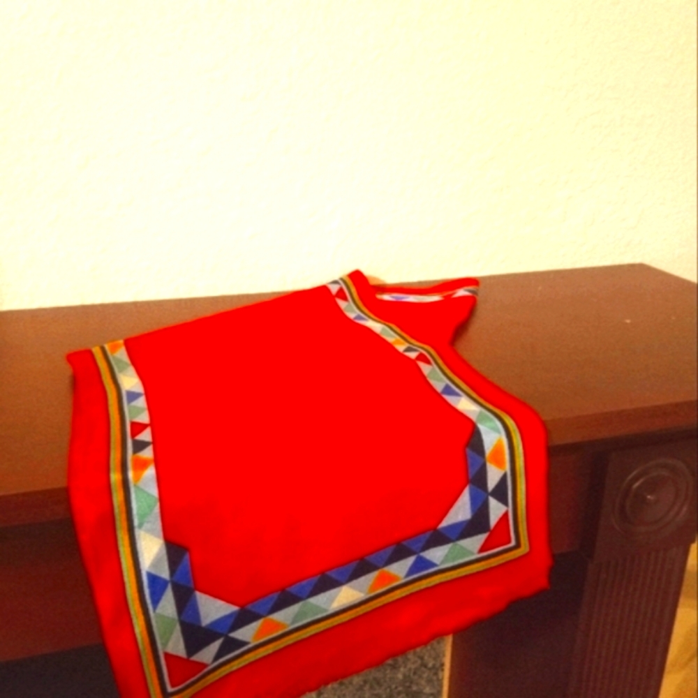 Oscar de la Reuta brand, dominating red but colorful silk scarf, 48"x 11" - Picture 1 of 2